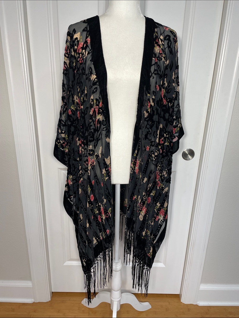 World Market Black Burnout Velvet Kimono Cardigan Floral Fringe Hem